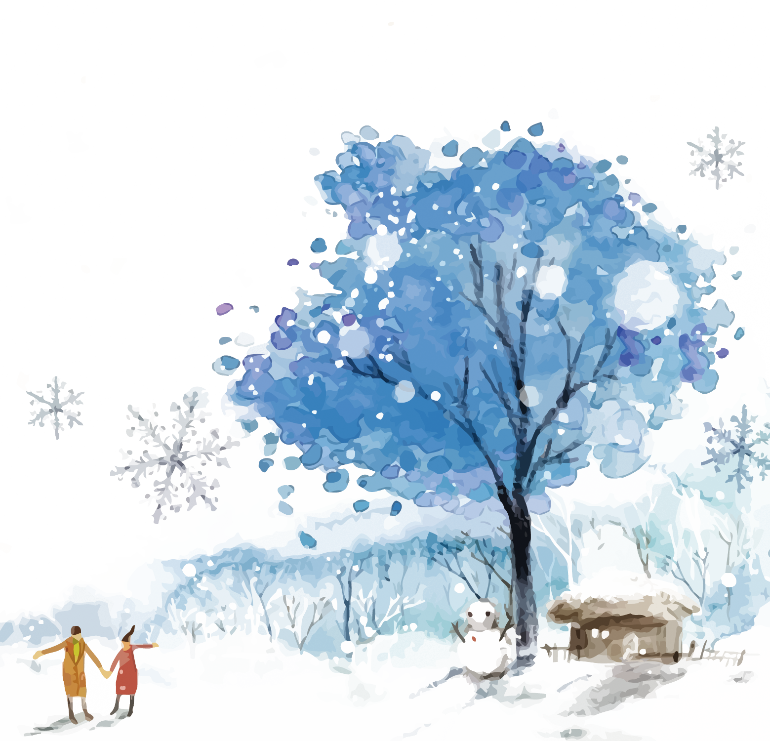 Blue Winter Sky Snow Watercolor Paint PNG Image from Cartoon Branch. 