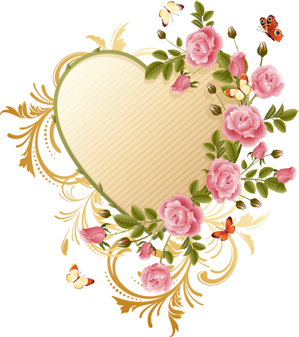 Butterfly Heart Flower Rose Pink Border PNG Image